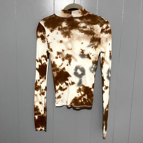 Zara Brown Tie Dye Thin Mock Neck Long Sleeve Boho Western Fitted Top M - Picture 6 of 7